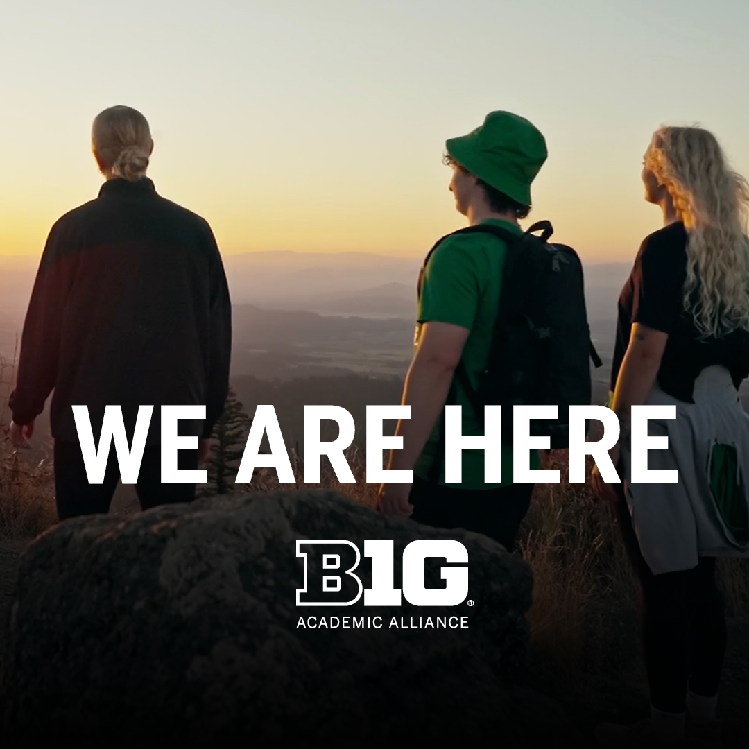We Are Here campaign ad graphic showing 3 students overlooking a valley