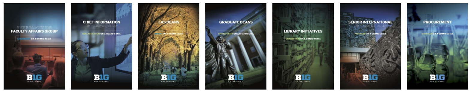 Seven core group brochure covers in a row
